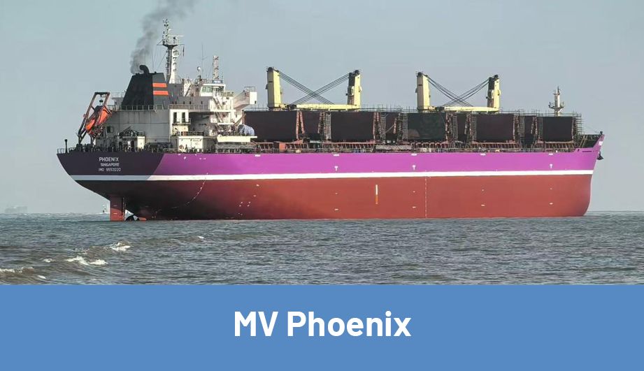 The Phoenix Motor Vessel photographed from the side on the open sea with a cargo