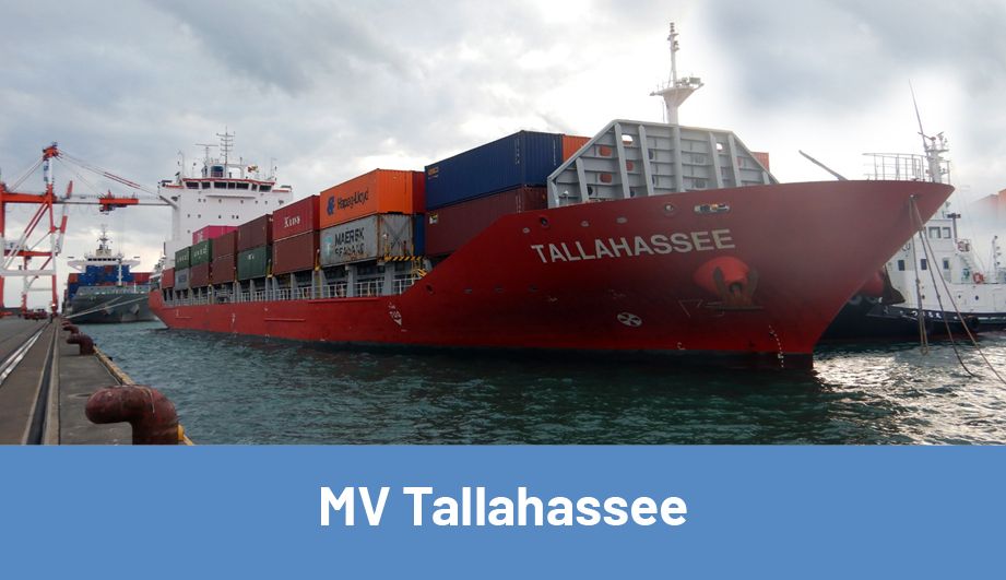 The Tallahassee Motor Vessel on the way out of the harbor, loaded with many containers
